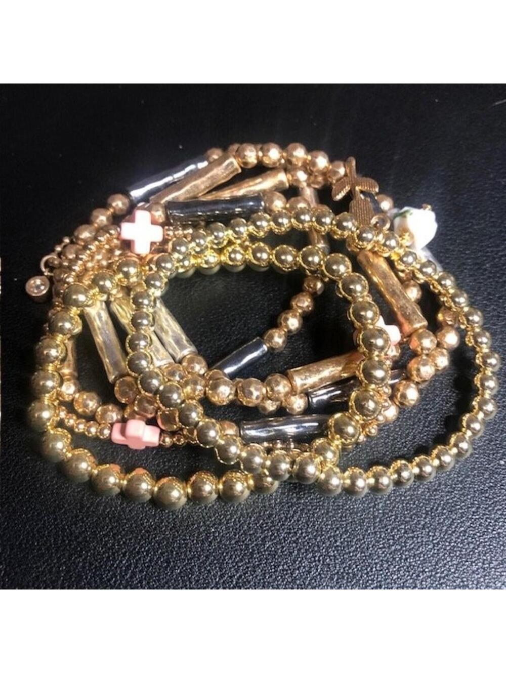 B2098 Lot of 7 Gold Beaded Stretch Bracelet Stack Pink Cross Rose Charm
